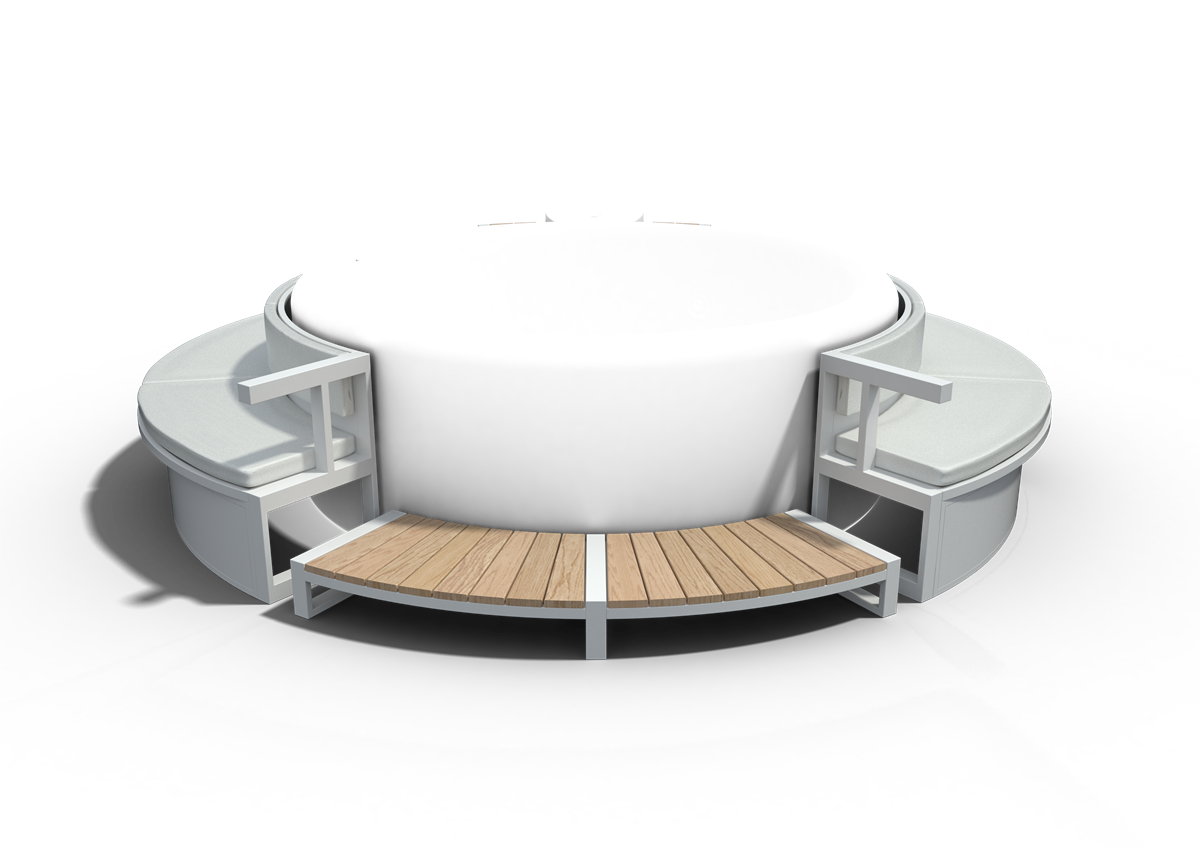 Bordo New Miami in alluminio e teak con due divani laterali, colore Bianco