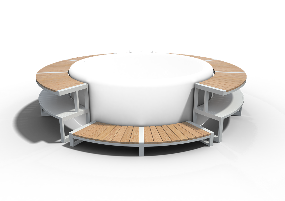 Bordo New Miami in alluminio e teak intorno a una vasca Softub®, colore Bianco